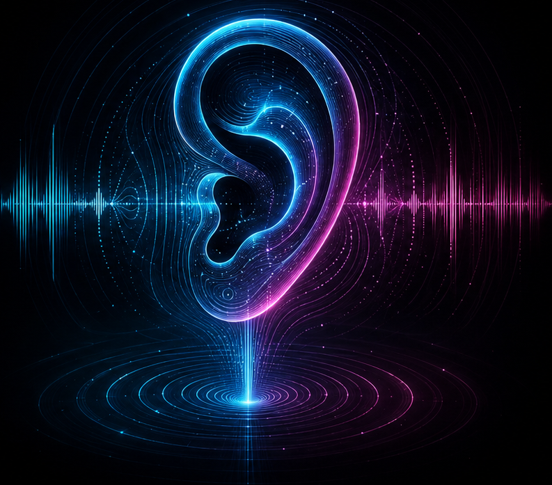 Abstract neon ear artwork with cyan and magenta sound waves