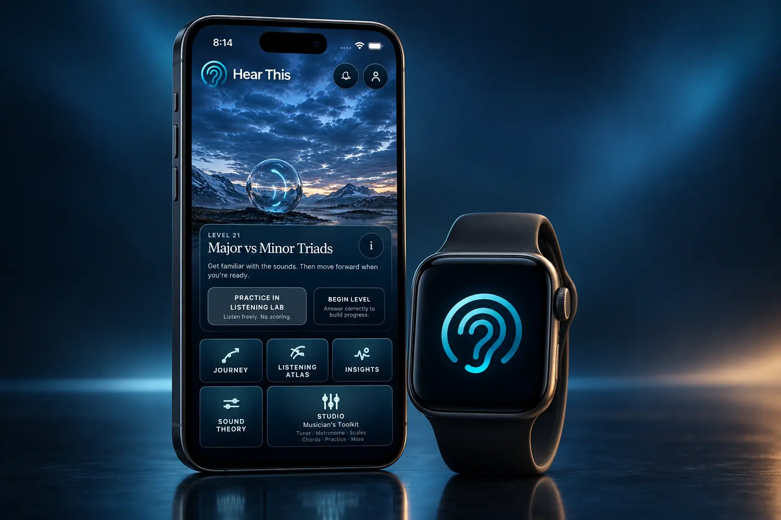 Hear This shown on an iPhone beside an Apple Watch displaying the Listening Mark