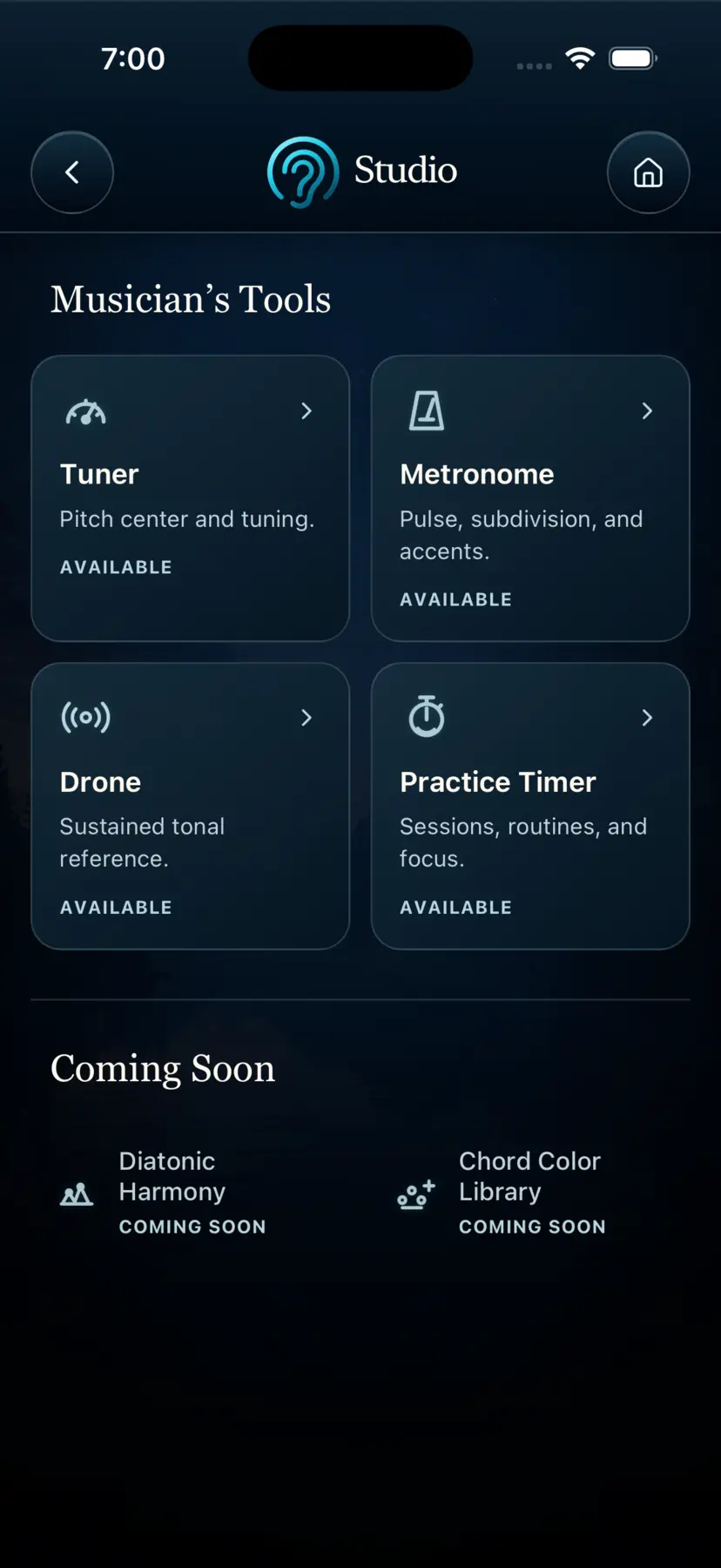 Hear This Studio showing Tuner, Metronome, Drone, and Practice Timer