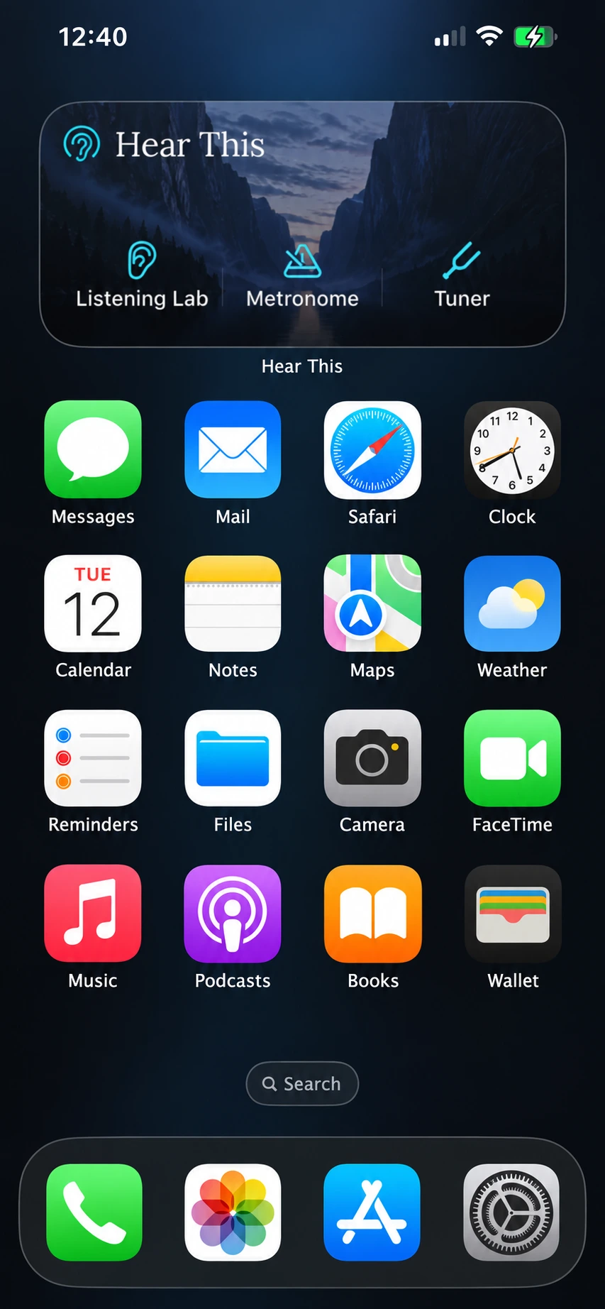 Hear This widget above standard Apple apps on a dark iPhone home screen, with quick access to Listening Lab, Metronome, and Tuner